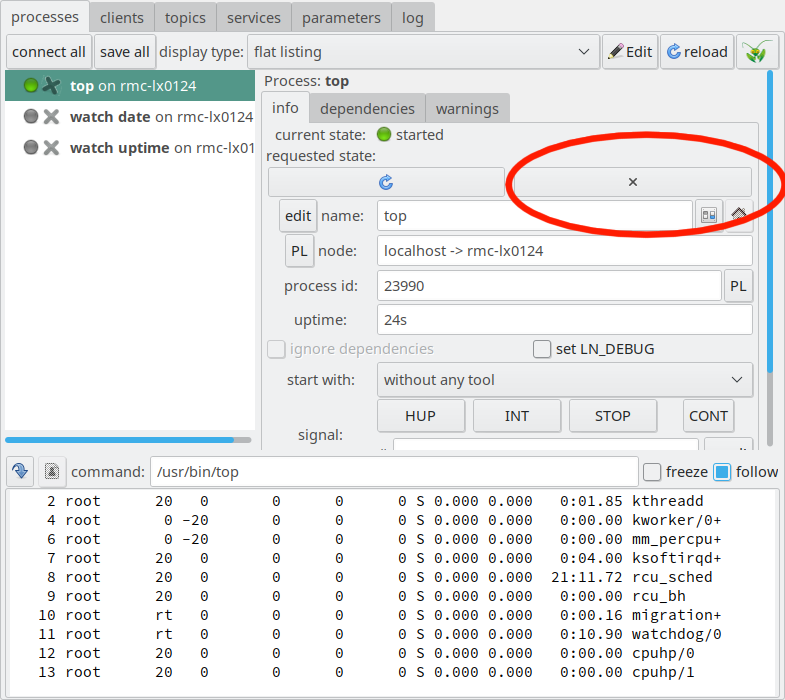 LN manager GUI wit stop button marked